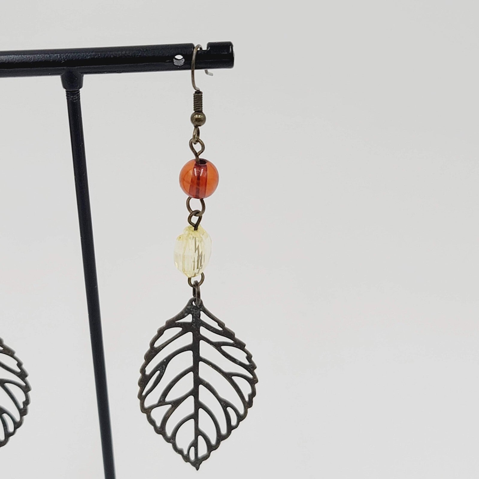 Long Pierced Earrings Beaded Open Work Leaf 3"