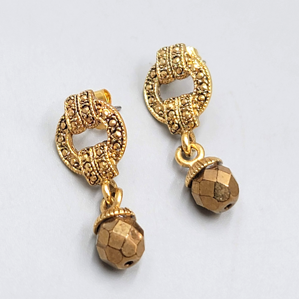 Pierced Earrings Gold tone Dangle Vintage Style Faceted Bead 1 1/8"