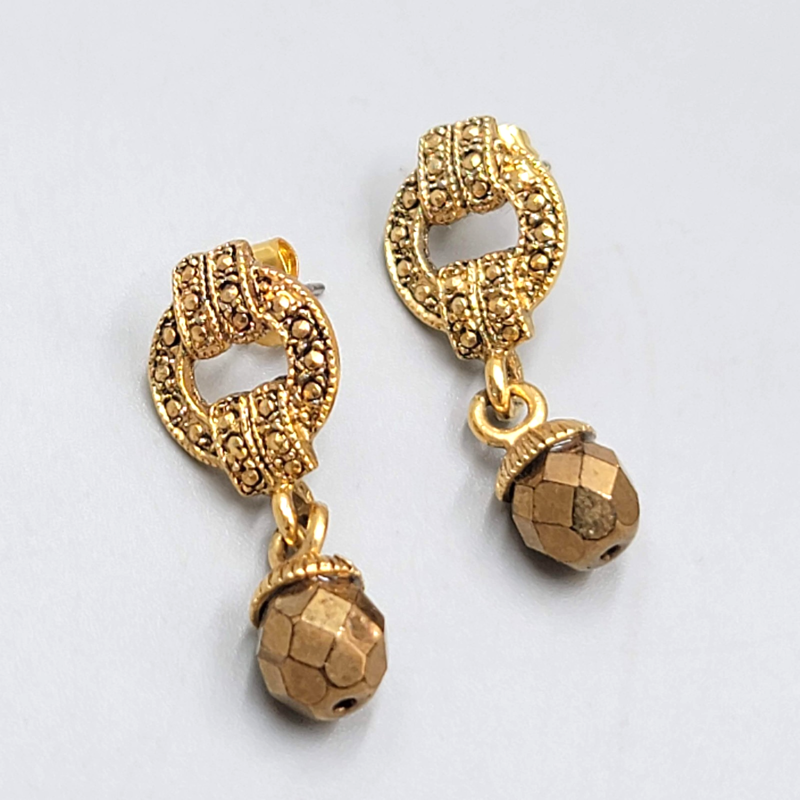 Pierced Earrings Gold tone Dangle Vintage Style Faceted Bead 1 1/8"