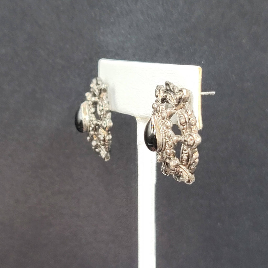 Vintage Pierced Earrings Silver tone Black Teardrop Stone Embossed Drop 1.75"