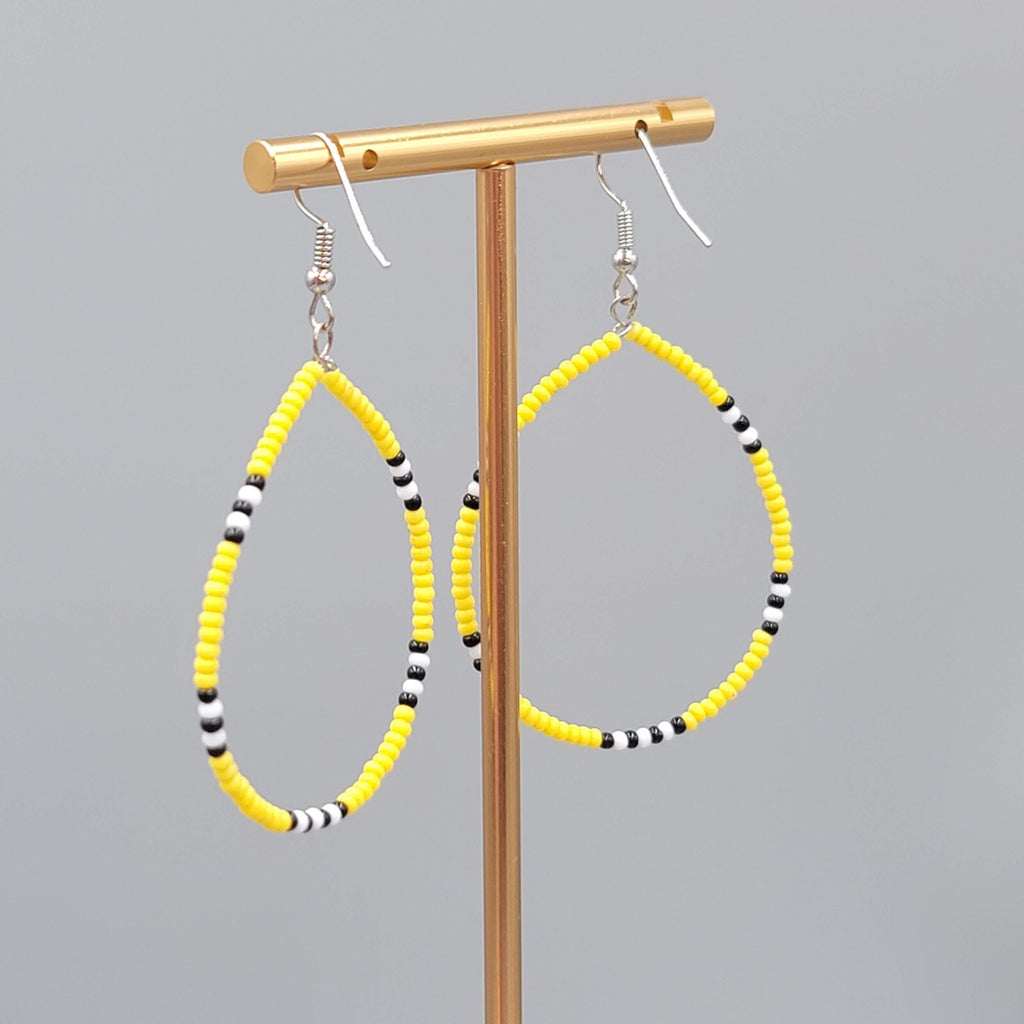 Hoop Pierced Earrings Yellow Black White Seed Bead Dangle 1.75"