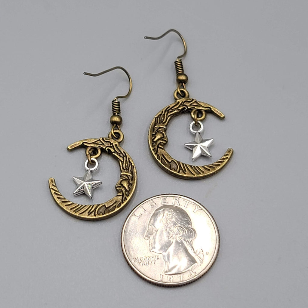 New Man in the Crescent Moon Pierced Earrings Bronze tone Silver Star Dangle 1"