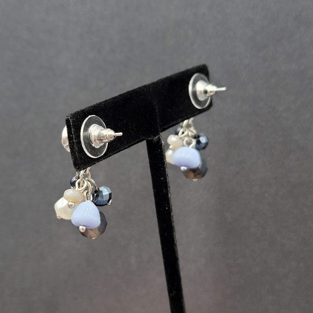 Pierced Earrings Silver tone Crystal Glass Pearl Beads Blues Dangle 1.25"