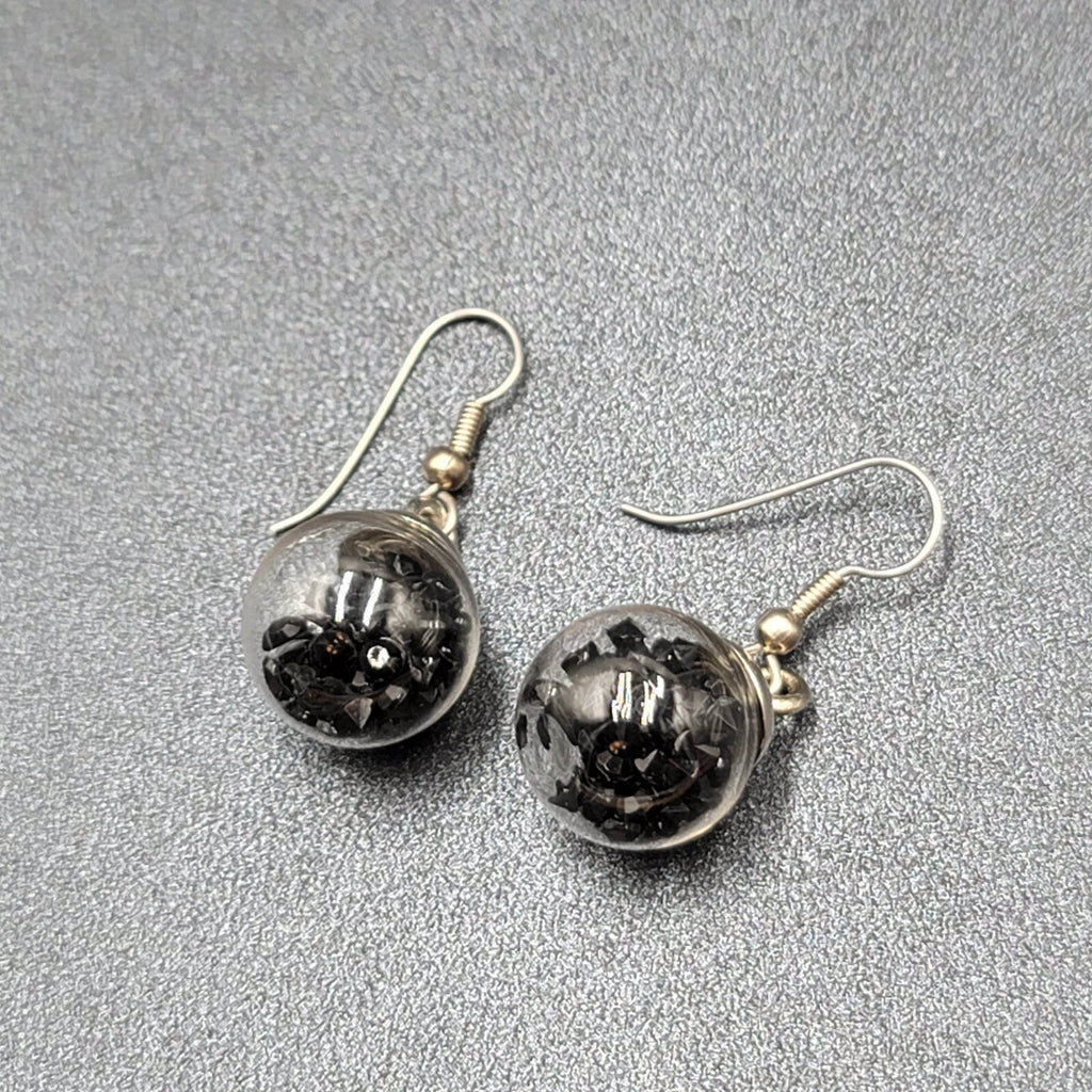 Pierced Earrings Silver tone Loose Black Rhinestones Filled Sphere Dangle 3/4"