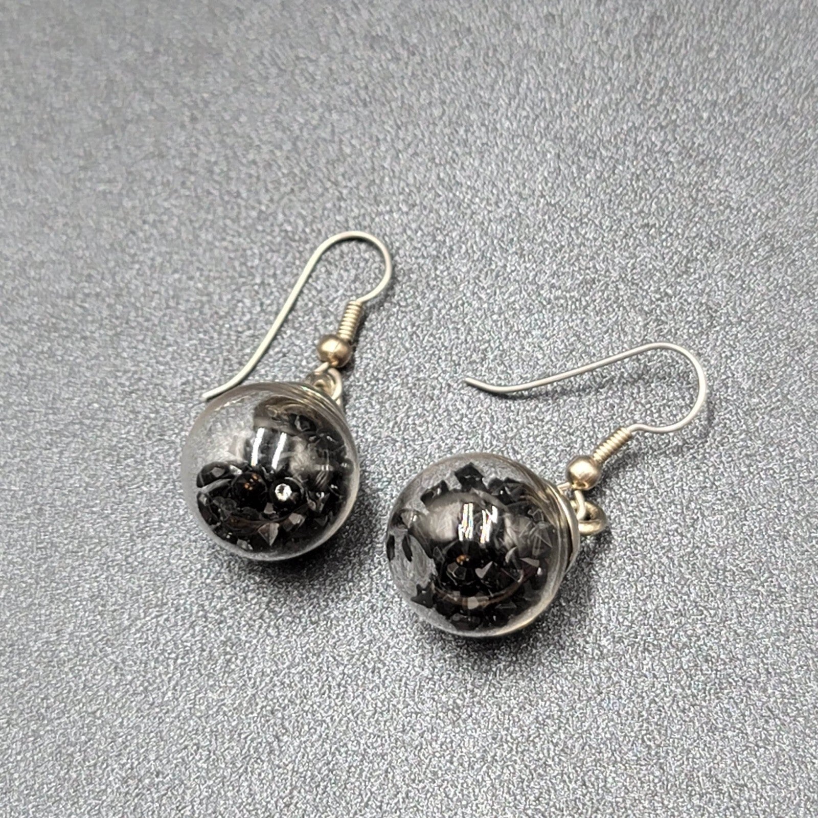 Pierced Earrings Silver tone Loose Black Rhinestones Filled Sphere Dangle 3/4"