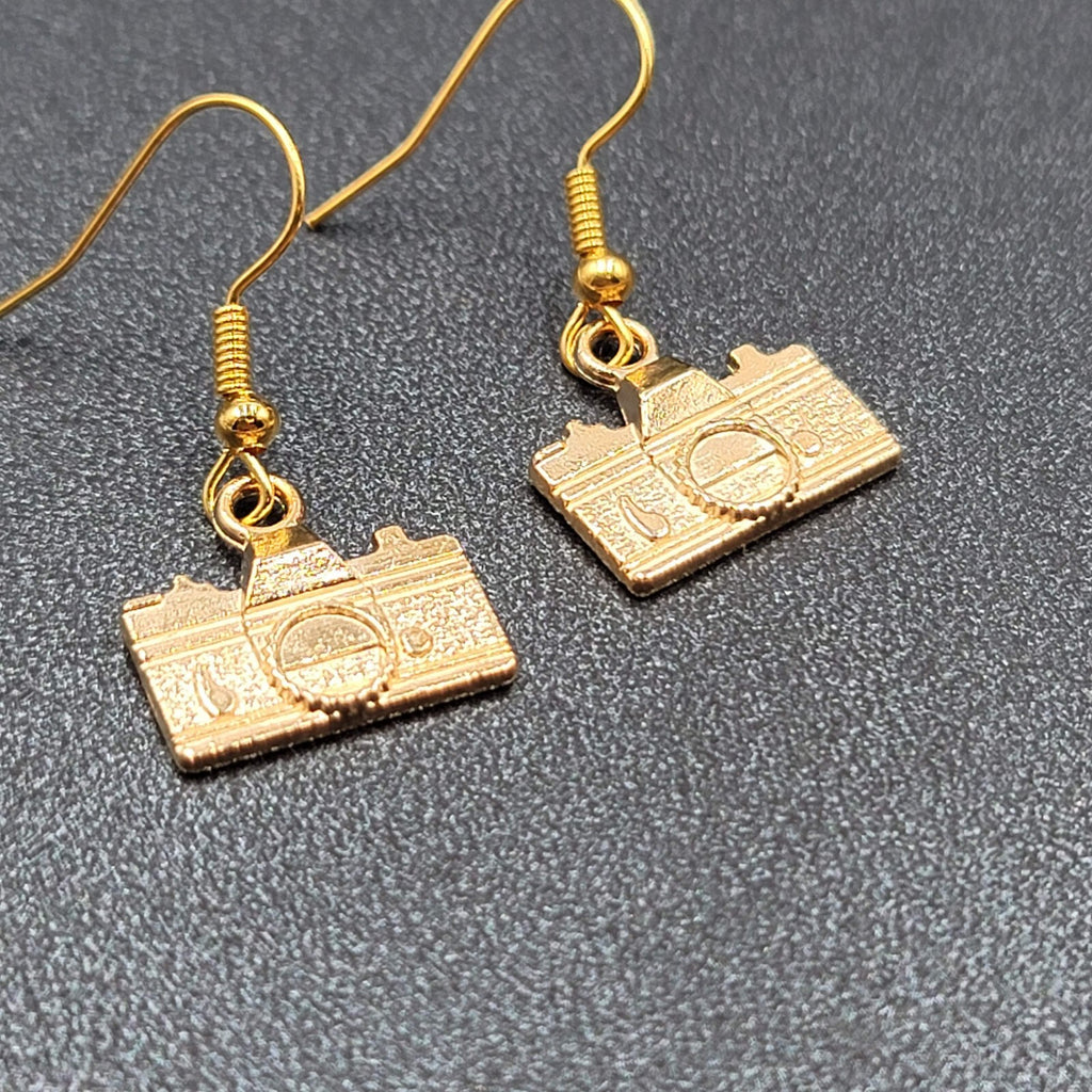 Retro Camera Pierced Earrings Gold tone Dangle 1/2"