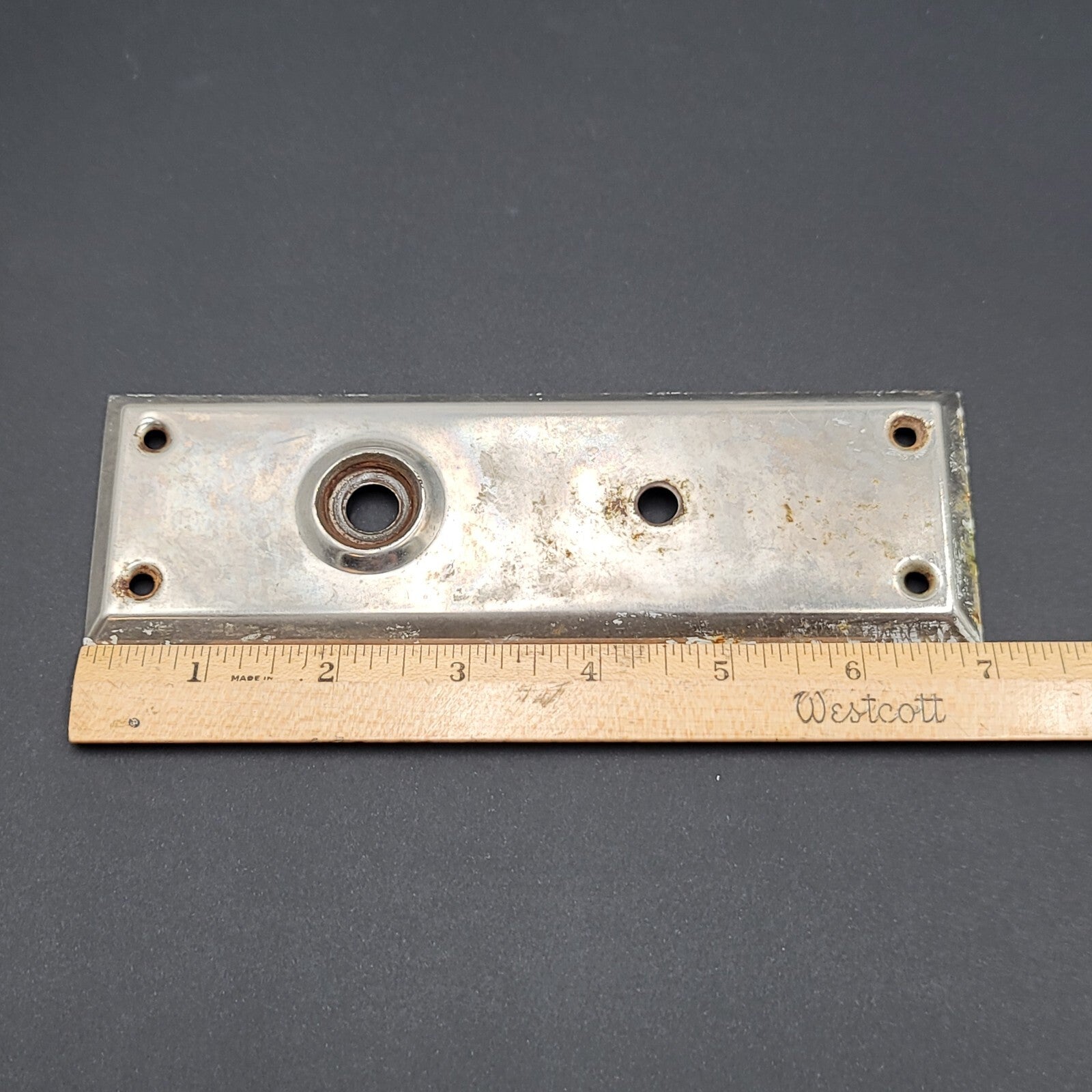 Vintage Steel Doorknob Silver Back plate 7" x 2.25" Salvage Door Hardware 2.25"