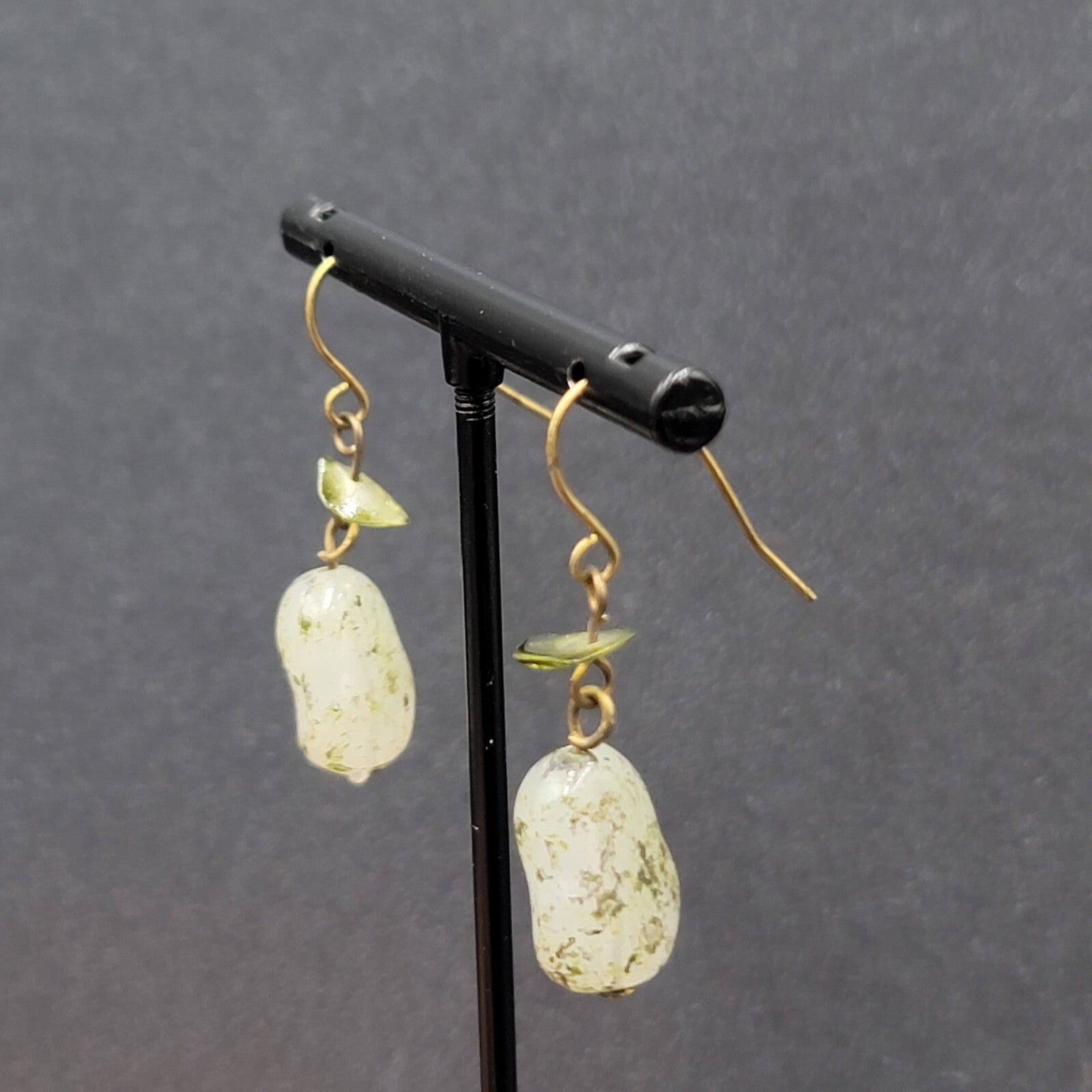Pierced Earrings 1" Green Stone Chip and Acrylic Bead Lightweight Dangle 1"