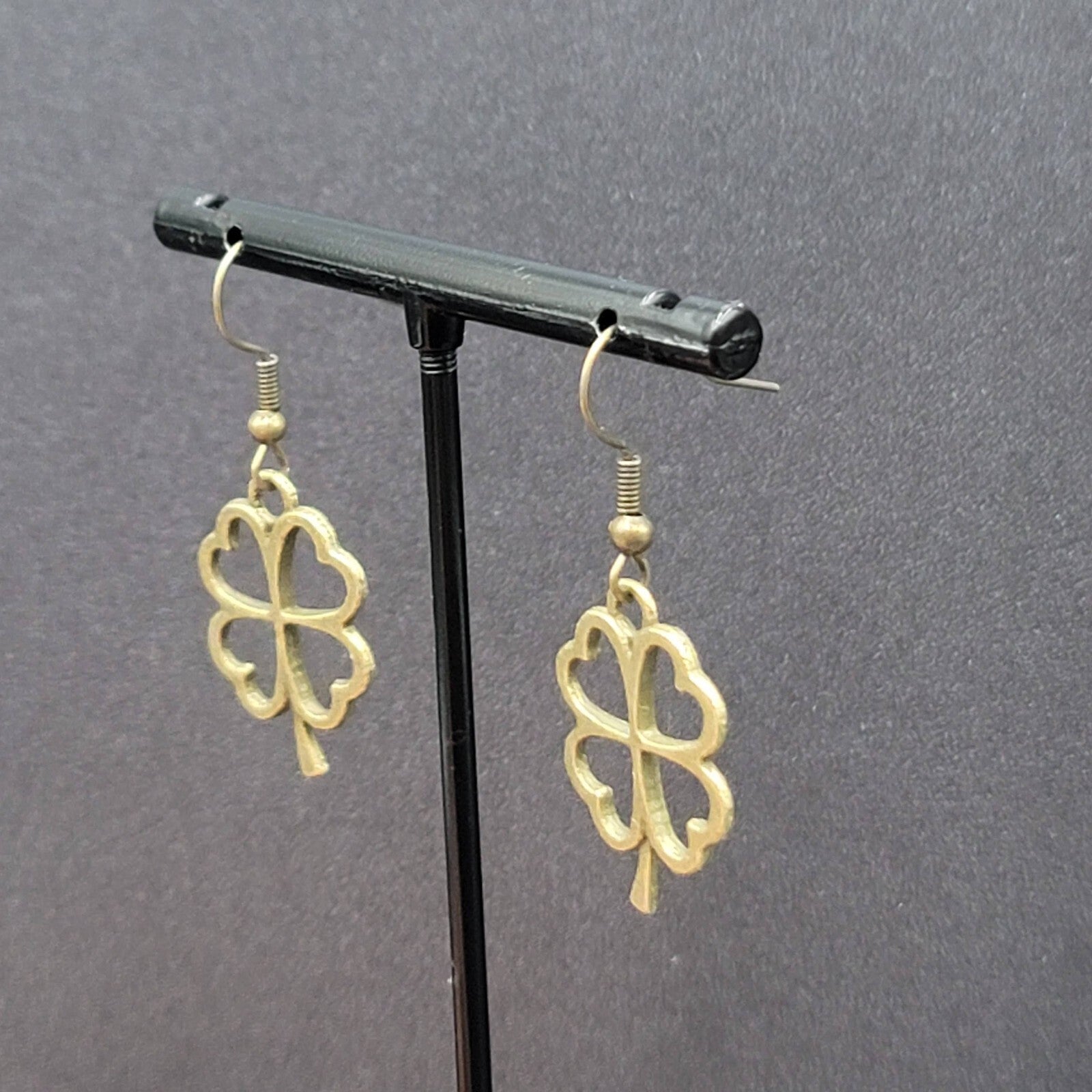 New 4 Leaf Clover Pierced Earrings Lucky Shamrock Bronze tone Dangle 1"