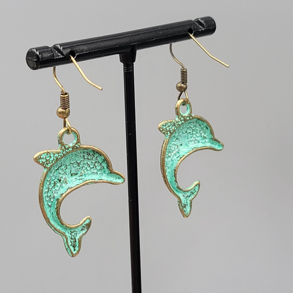 Dolphin Beach Sea life Pierced Earrings Bronze tone Green wash Dangle 1.25"