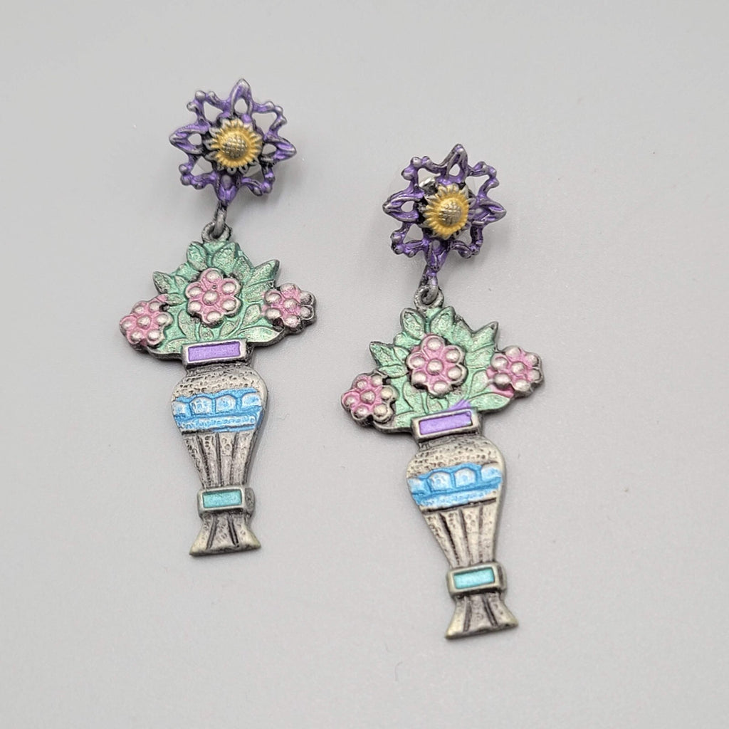 Vintage Don Lin Pierced Earrings Flower Bouquet Dangle 2.5"