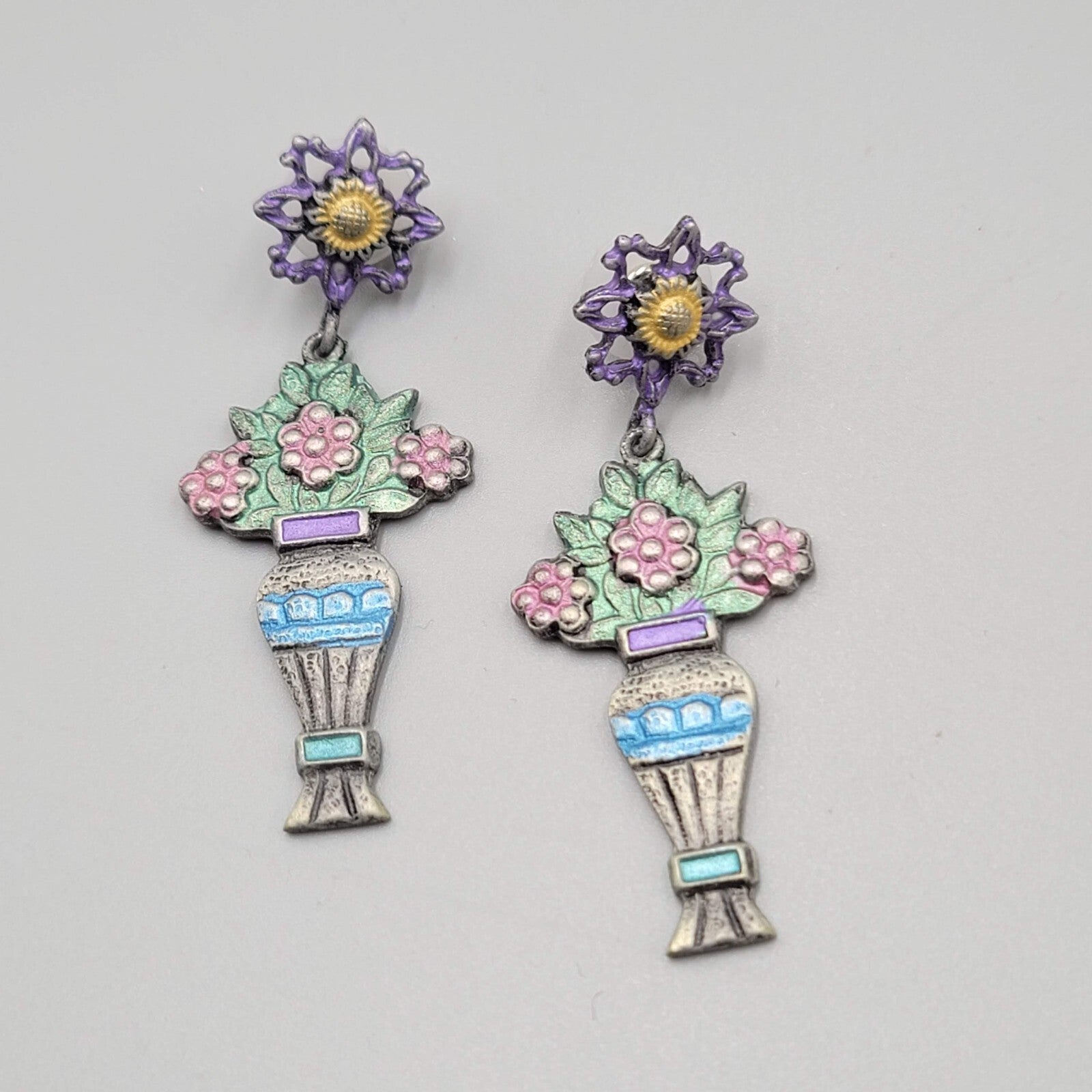 Vintage Don Lin Pierced Earrings Flower Bouquet Dangle 2.5"