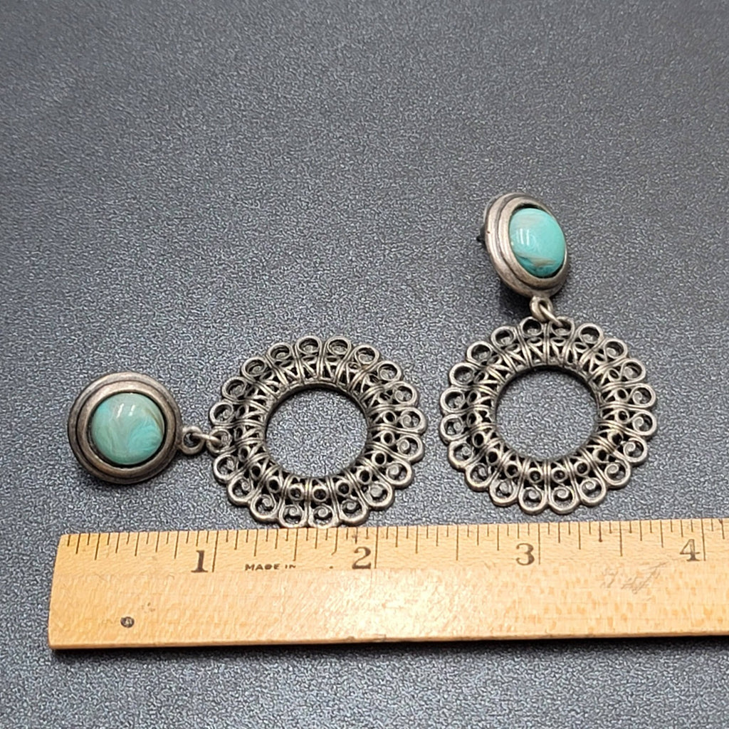 Pierced Earrings Silver tone Faux Acrylic Turquoise Dangle 2 3/8"