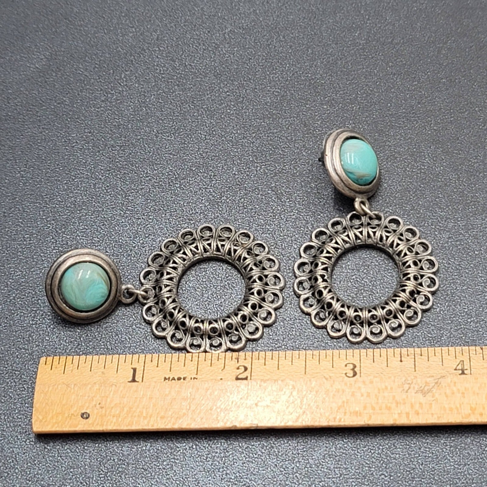 Pierced Earrings Silver tone Faux Acrylic Turquoise Dangle 2 3/8"