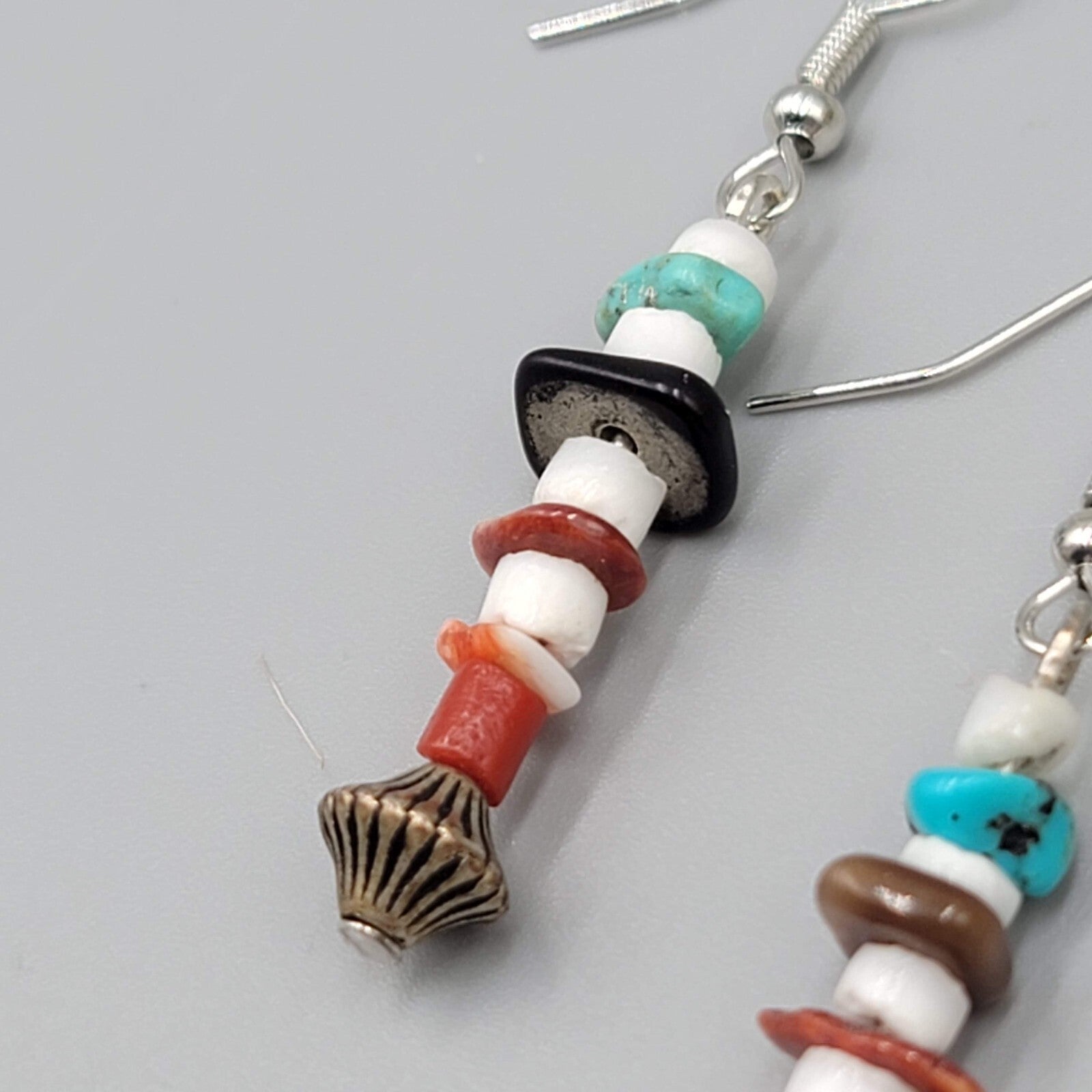 Pierced Earrings Multi Stone Boho Dangle Silver tone 1.25"