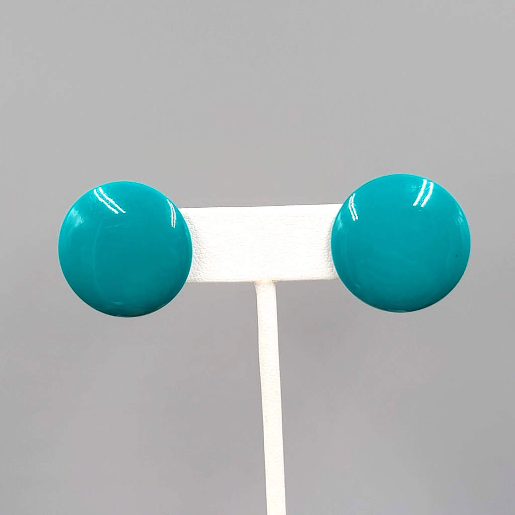 Vintage Teal Enamel Pierced Earrings Flat Round Drop 1"