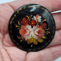 Vintage Russian Black Enamel Hand Painted Flower Brooch Pin 1 7/8"