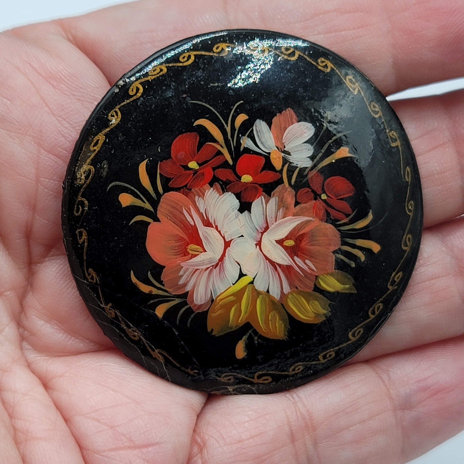 Vintage Russian Black Enamel Hand Painted Flower Brooch Pin 1 7/8"