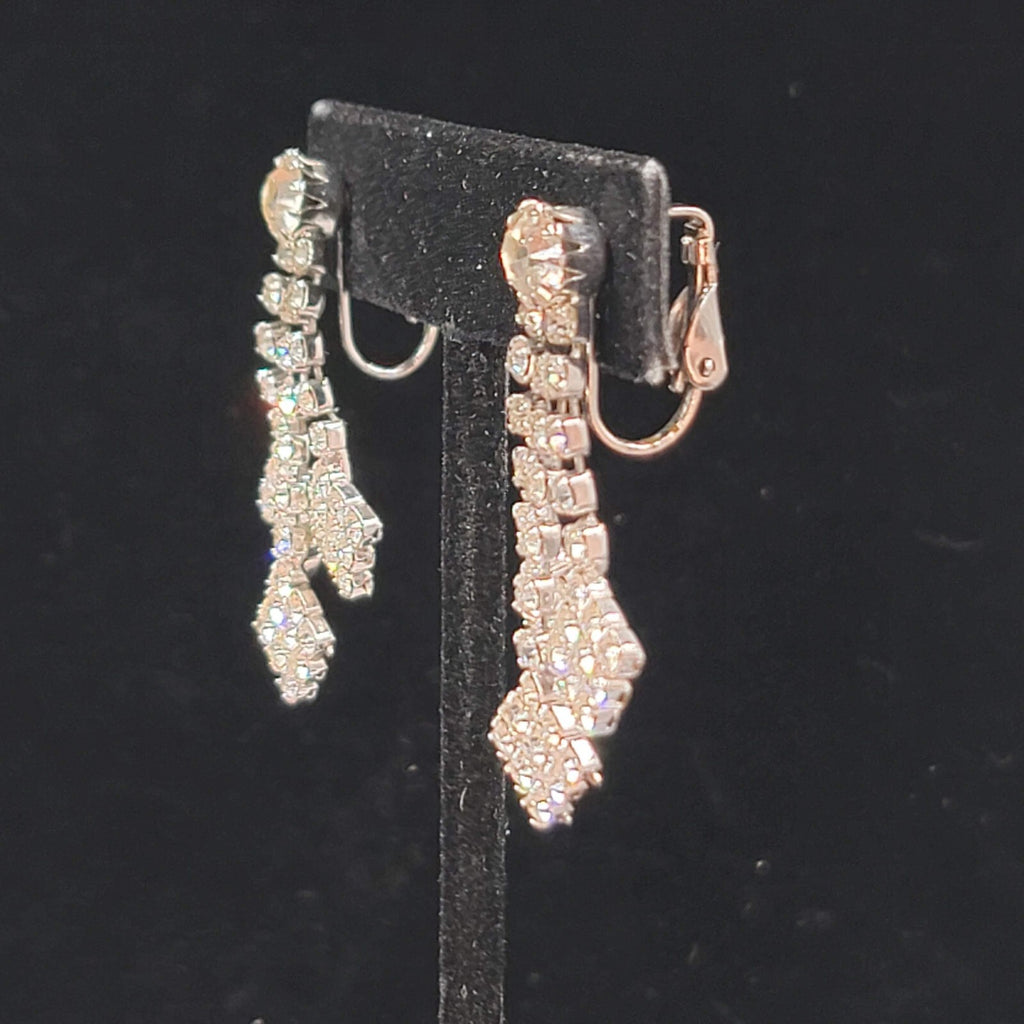 Vintage Rhinestone Clip on Earrings Dangle Silver tone 1.5" Length