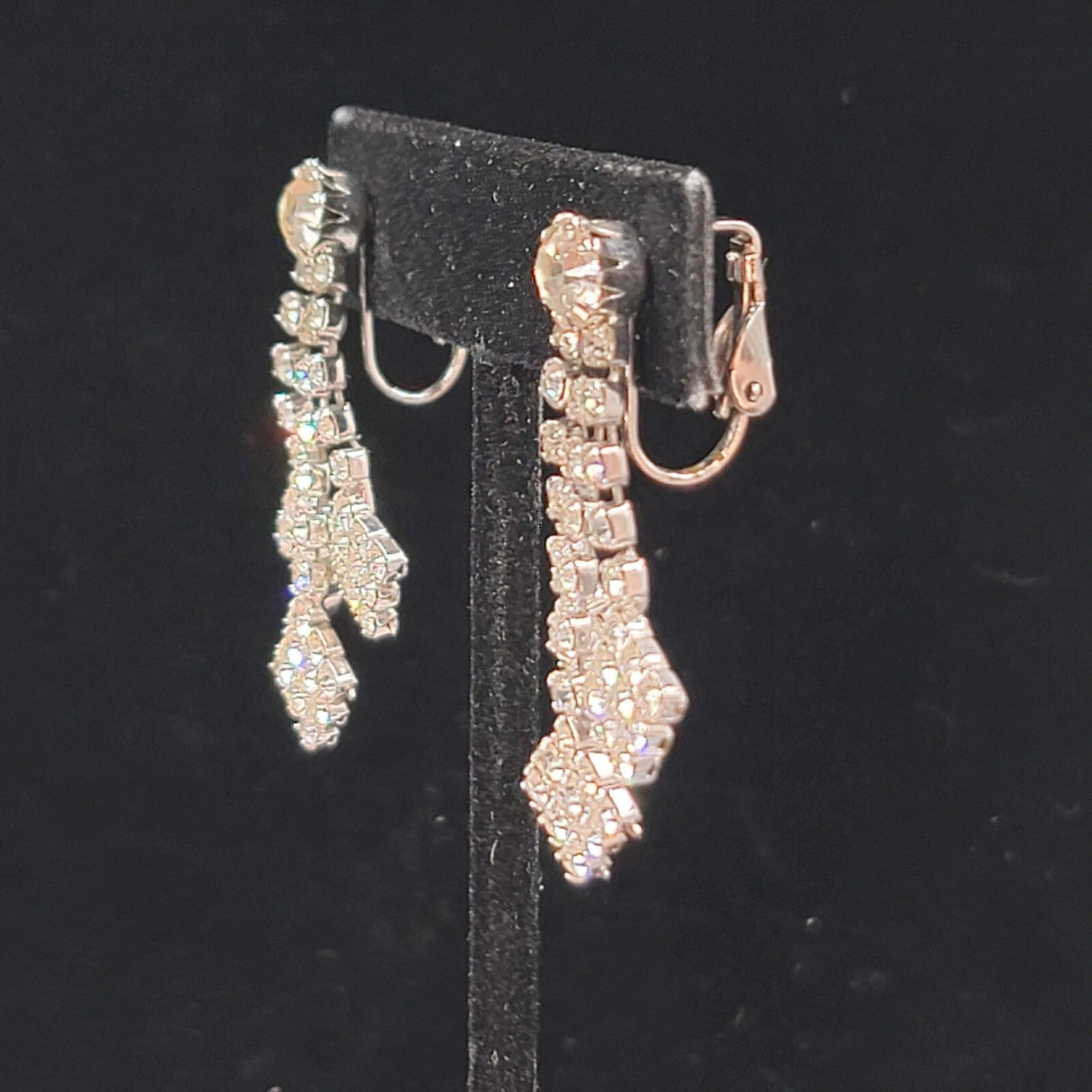 Vintage Rhinestone Clip on Earrings Dangle Silver tone 1.5" Length