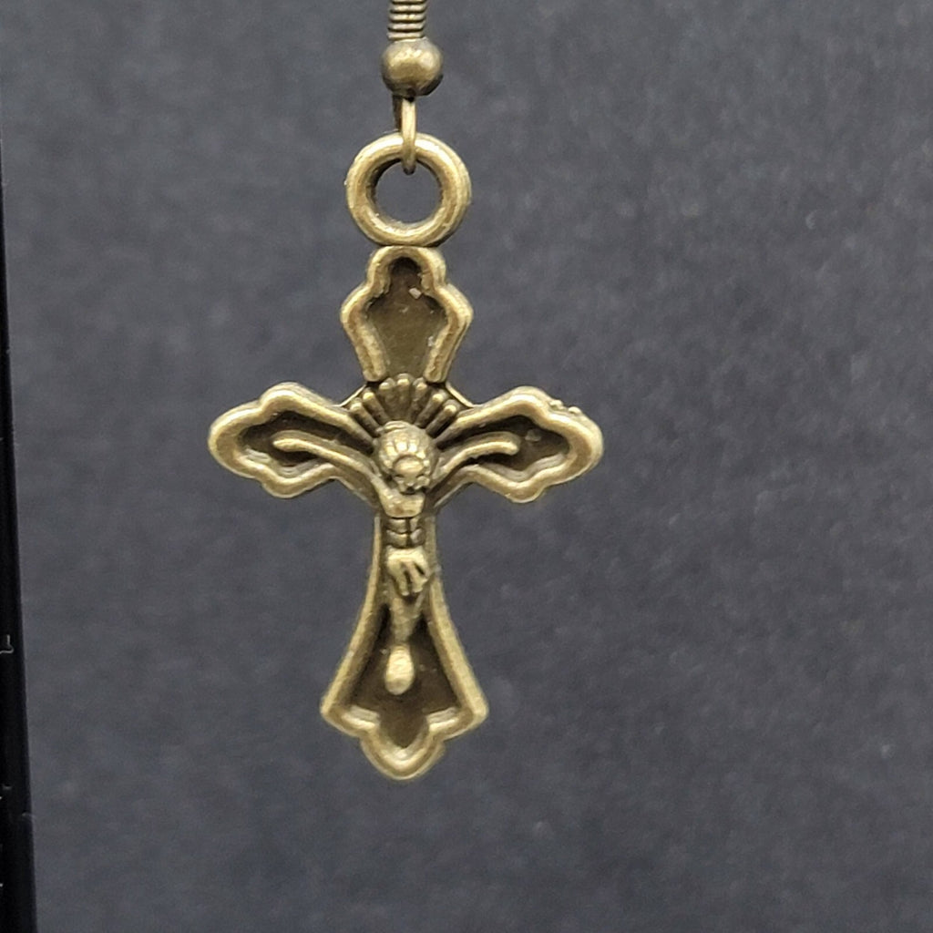 New Crucifix Cross Pierced Earrings Bronze tone Dangle 1 1/8"