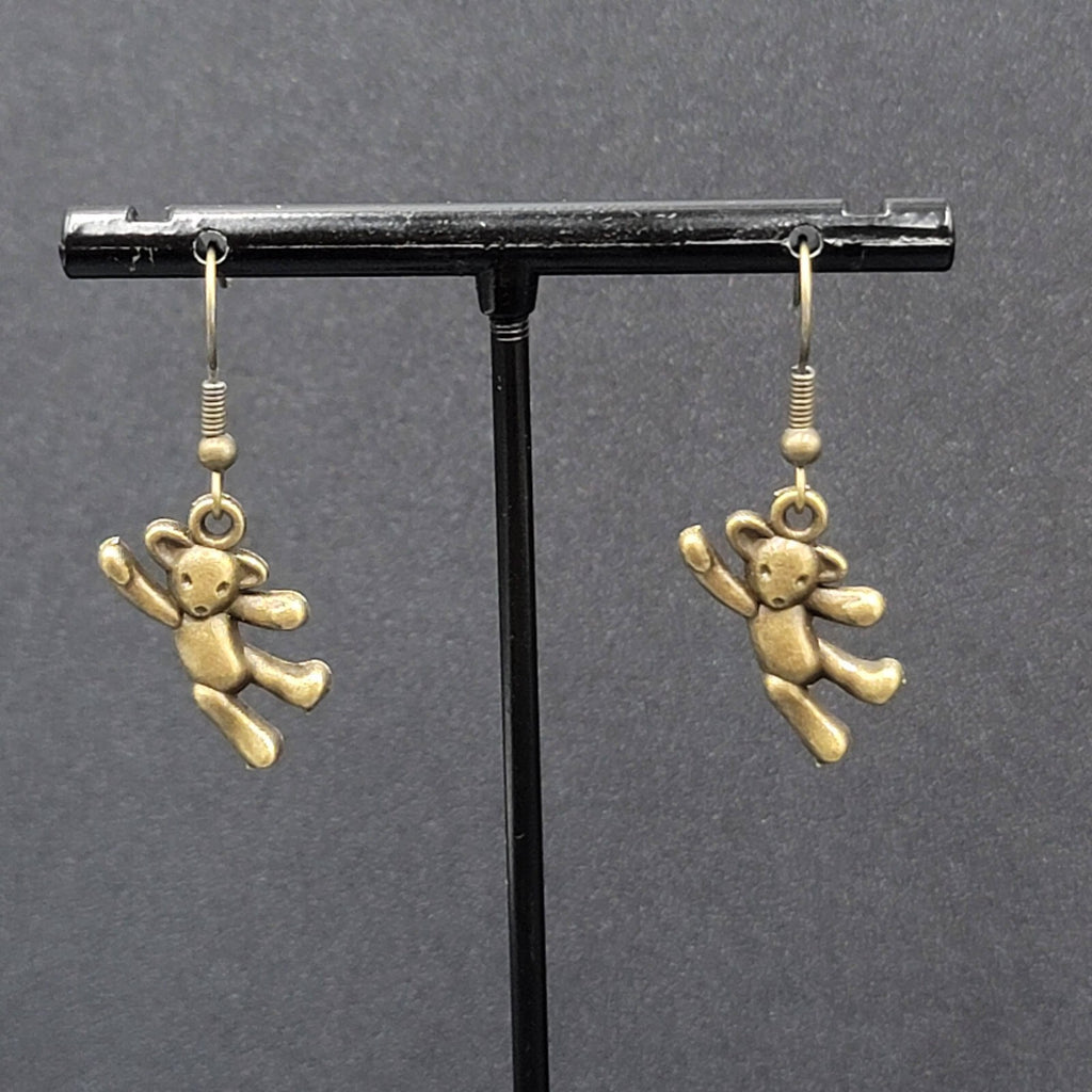 New Hanging Teddy Bear Pierced Earrings Bronze tone Dangle 7/8"