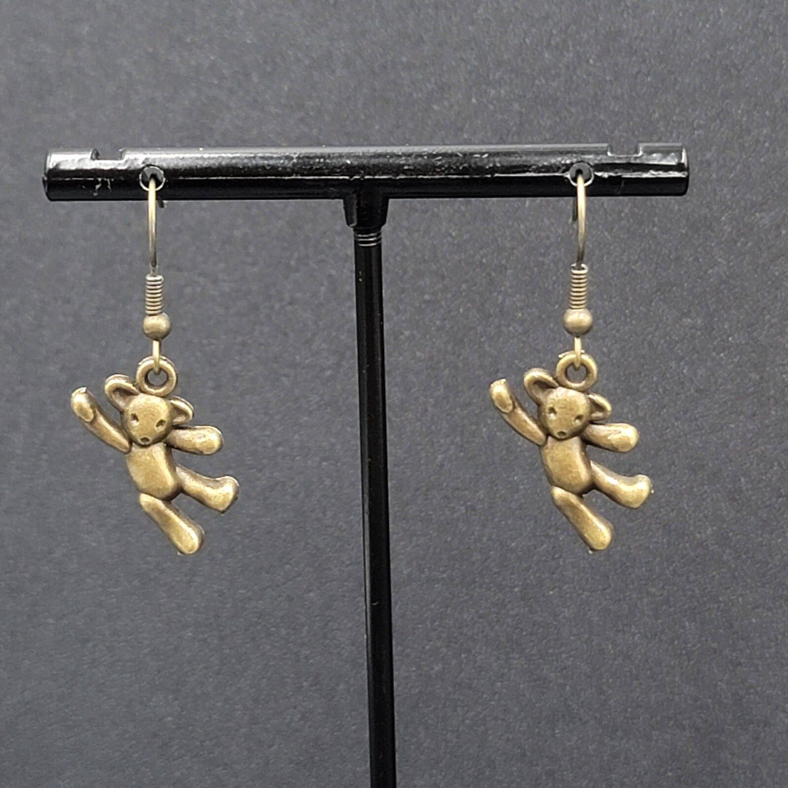 New Hanging Teddy Bear Pierced Earrings Bronze tone Dangle 7/8"
