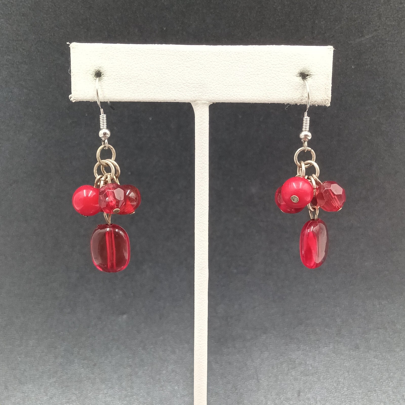 Pierced Earrings Red Acrylic Bead Cluster Silver tone Hook Dangle 1 3/8"