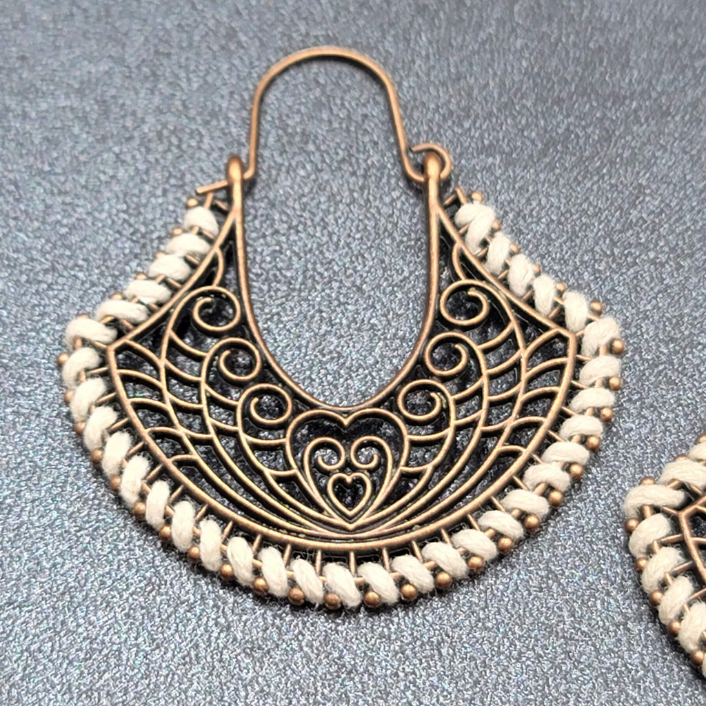 New Boho Pierced Earrings Bronze tone Open Work White Thread Hoops Dangle 1.75"
