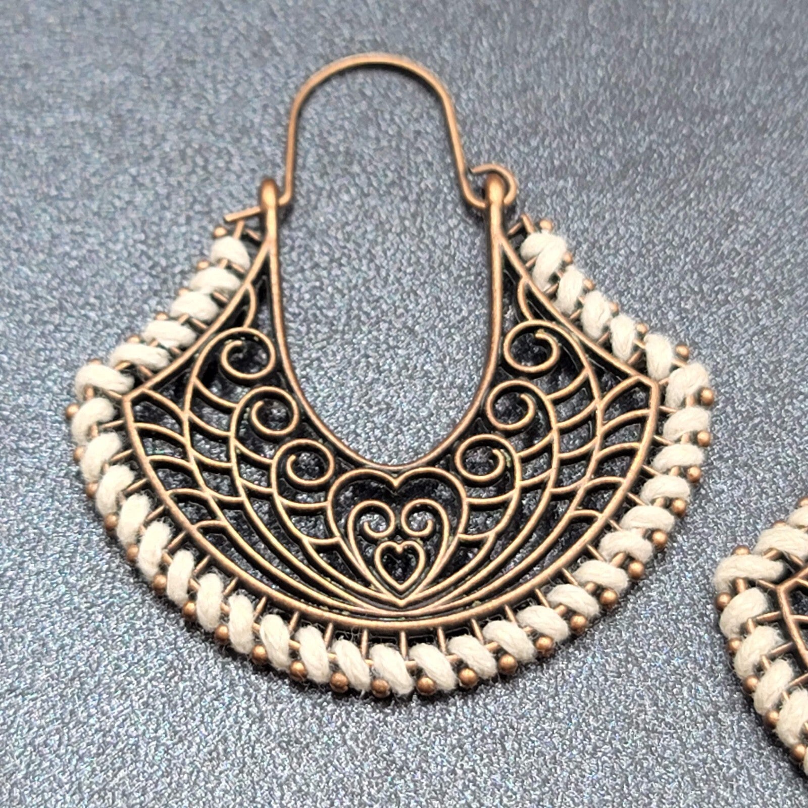 New Boho Pierced Earrings Bronze tone Open Work White Thread Hoops Dangle 1.75"