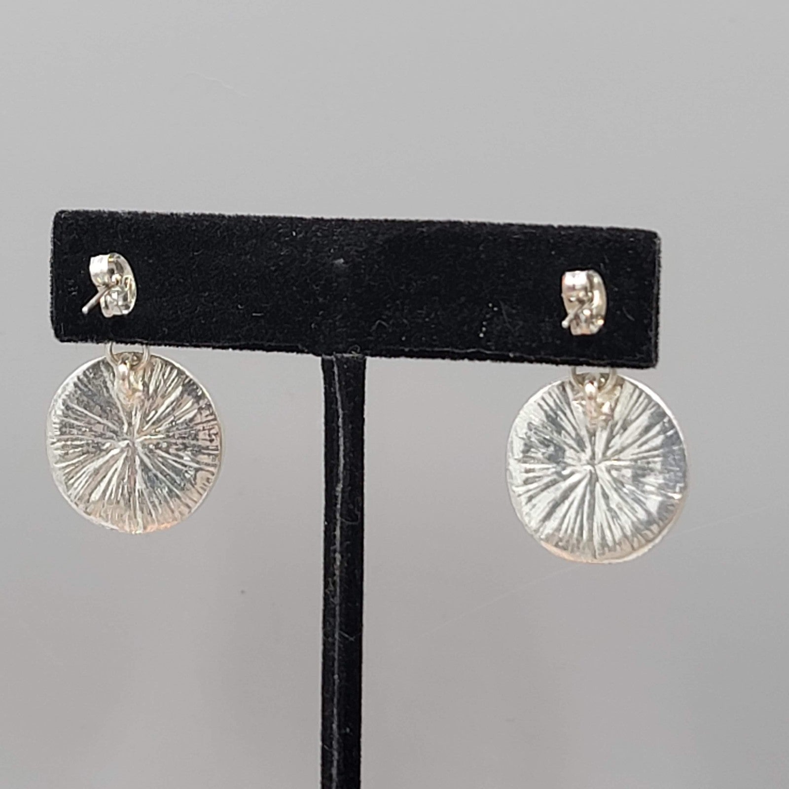 Pierced Earrings Silver tone Dangle Black Enamel Round 1 1/8"