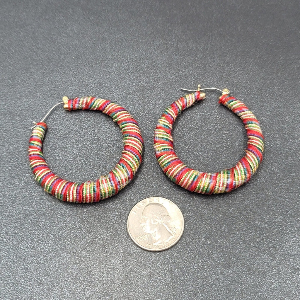 Pierced Earrings Plaid Fabric Wrapped Large Hoops  2"