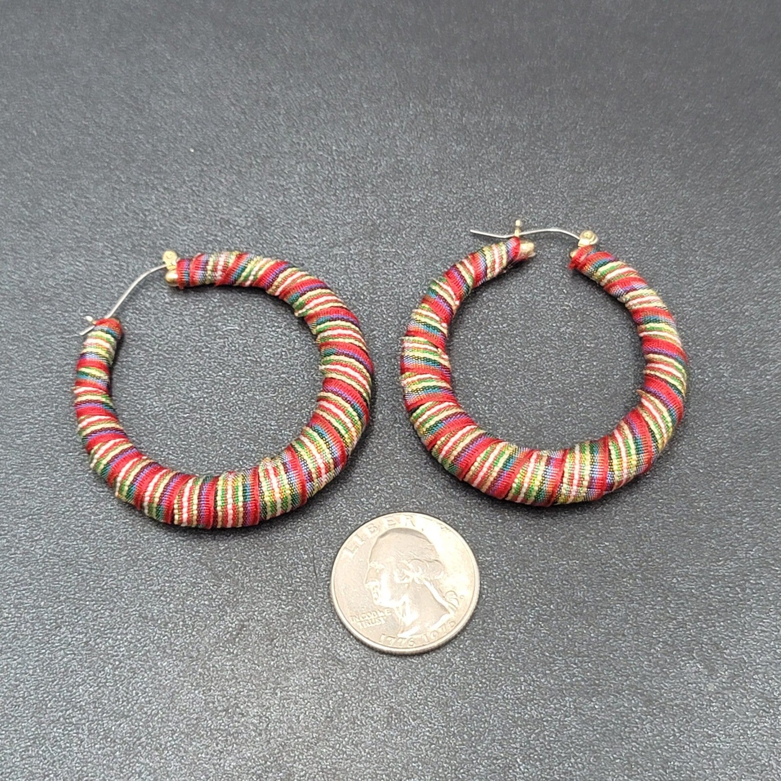 Pierced Earrings Plaid Fabric Wrapped Large Hoops  2"