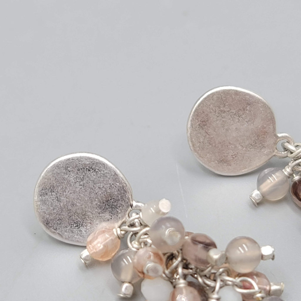 Pierced Earrings Silver tone Dangle Cluster Glass Beads Neutral Colors 1.5"