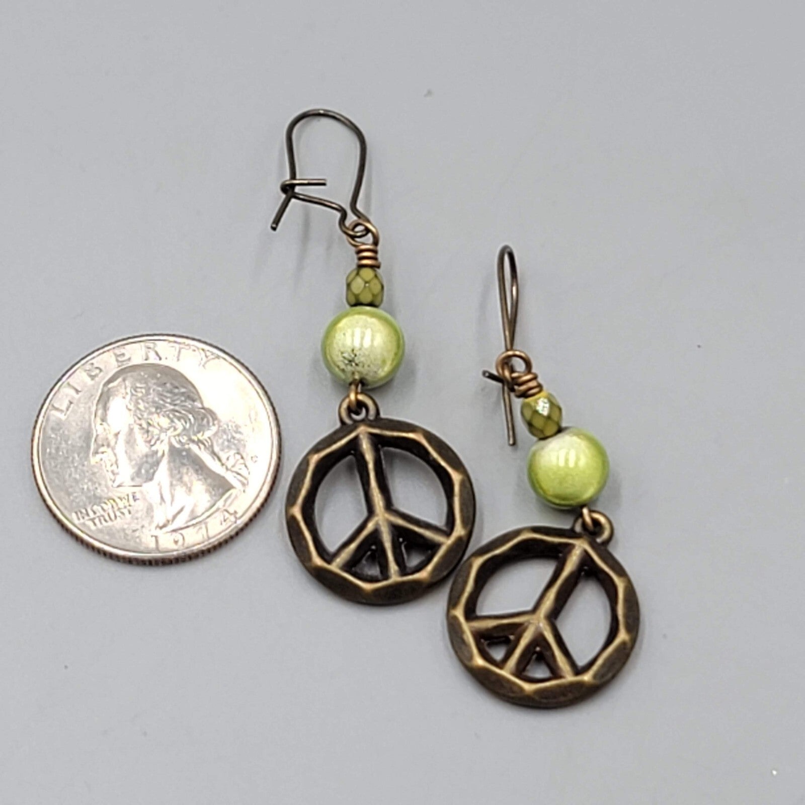 Peace Sign Pierced Earrings Bronze tone Green Bead Dangle 1.5"