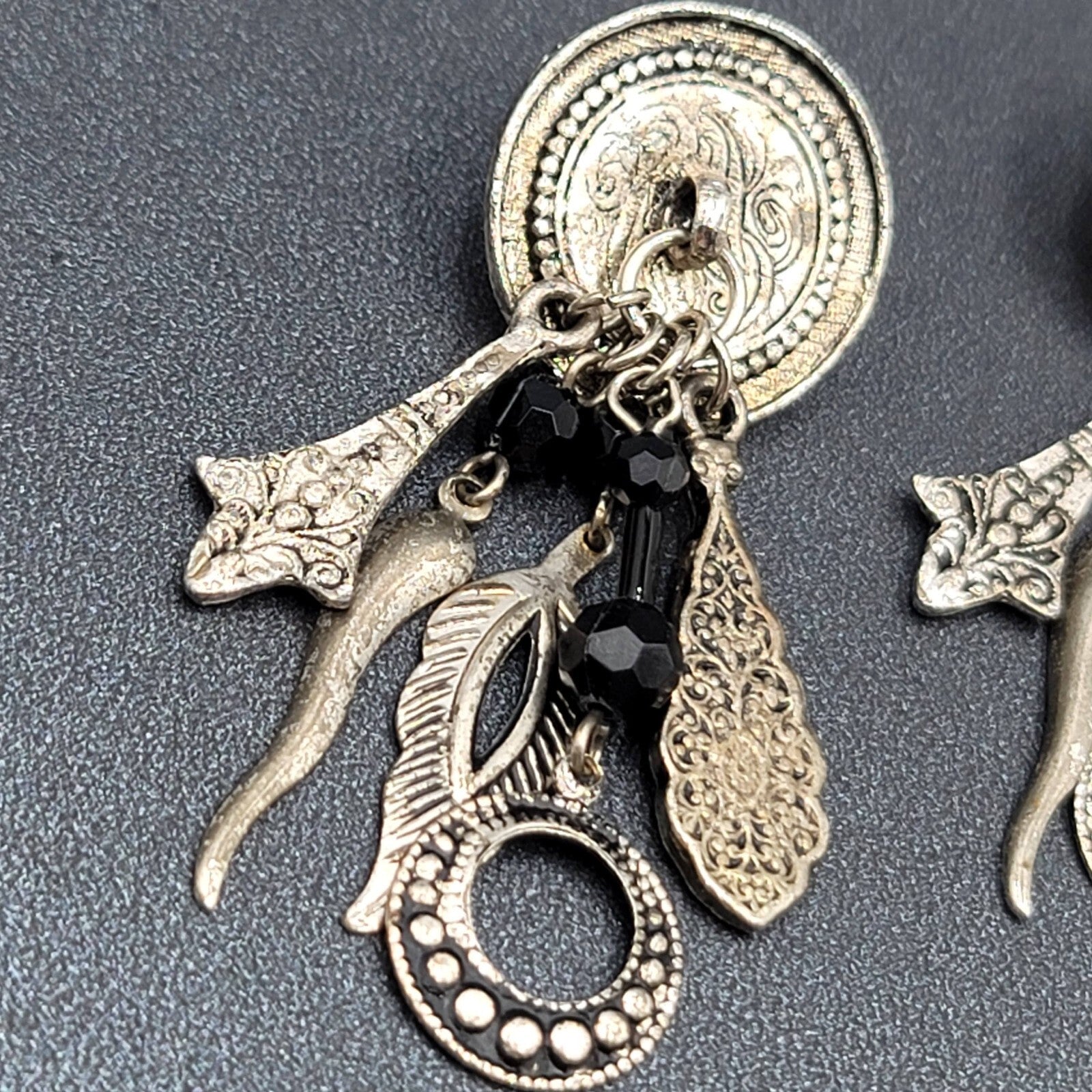 Boho Pierced Earrings Silver tone Black Beads Dangle Charms 2.25"
