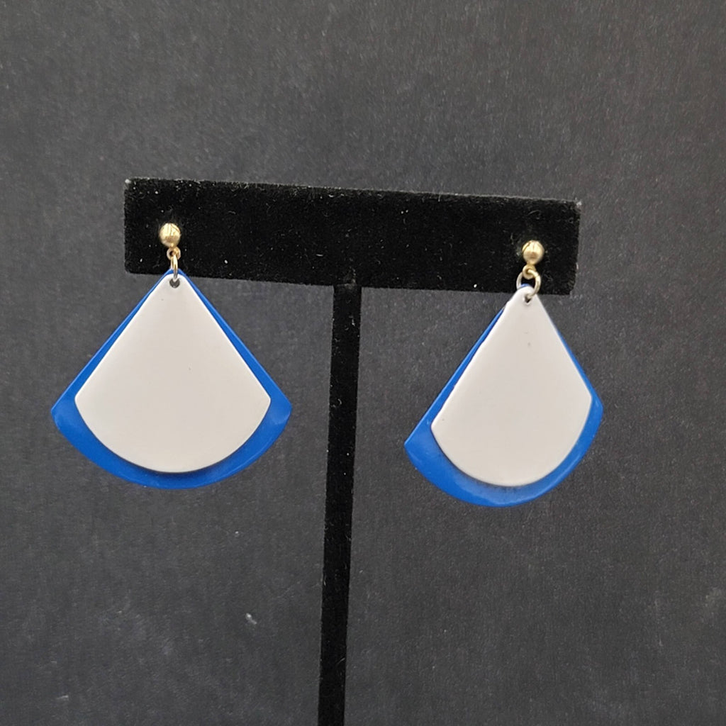 Vintage Pierced Earrings Blue White Enamel Triangle Dangle 1.5"