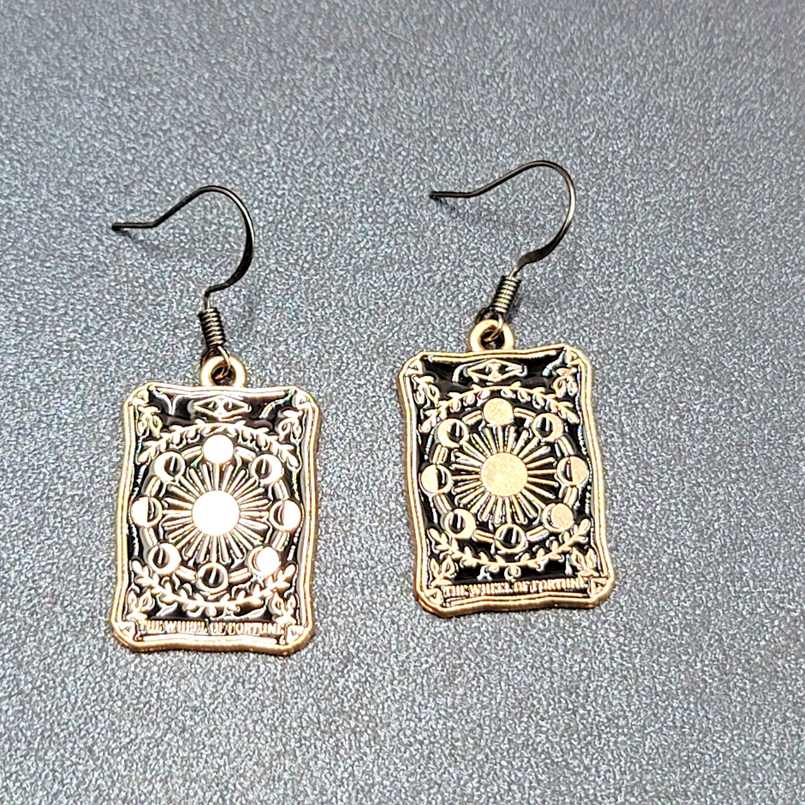 Tarot Card Pierced Earrings The Wheel of Fortune Gold tone Black 1"