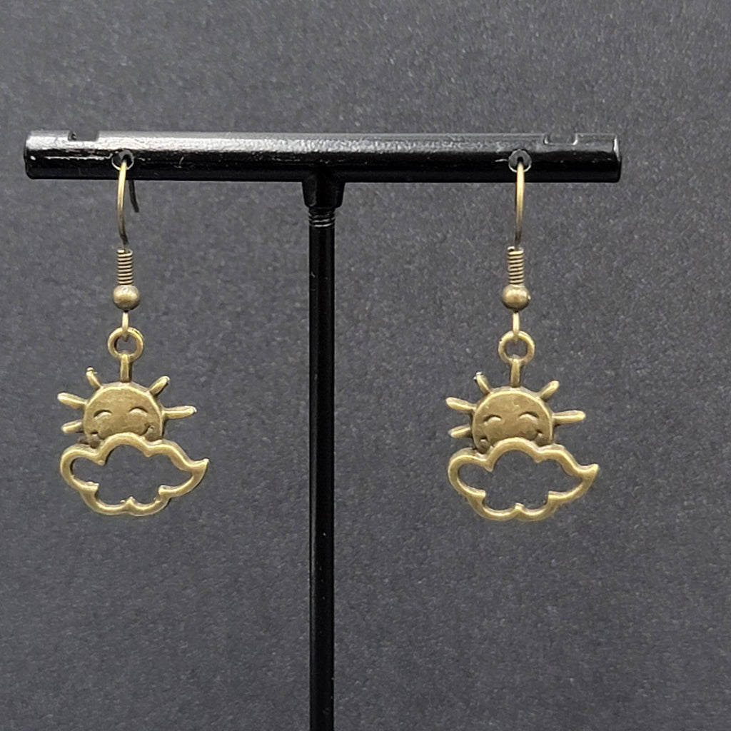 New Happy Sun Clouds Pierced Earrings Bronze tone Dangle 3/4"