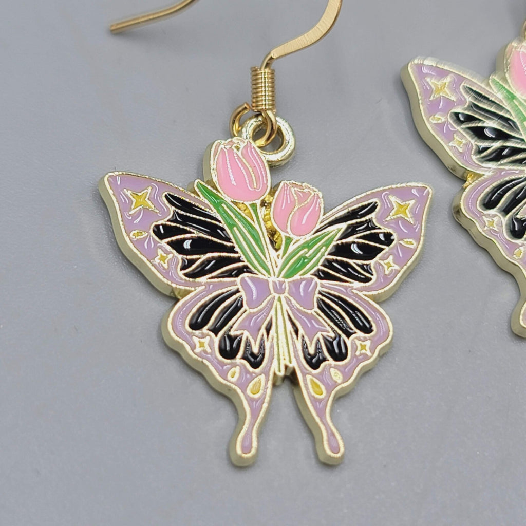 Pink Tulip Purple Moth Enamel Pierced Earrings Gold tone Dangle Butterfly 1"
