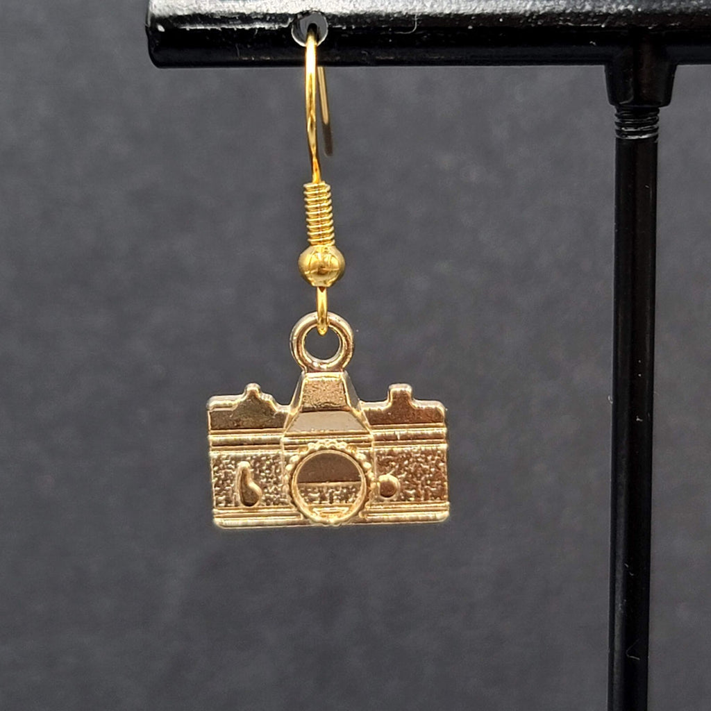 Retro Camera Pierced Earrings Gold tone Dangle 1/2"