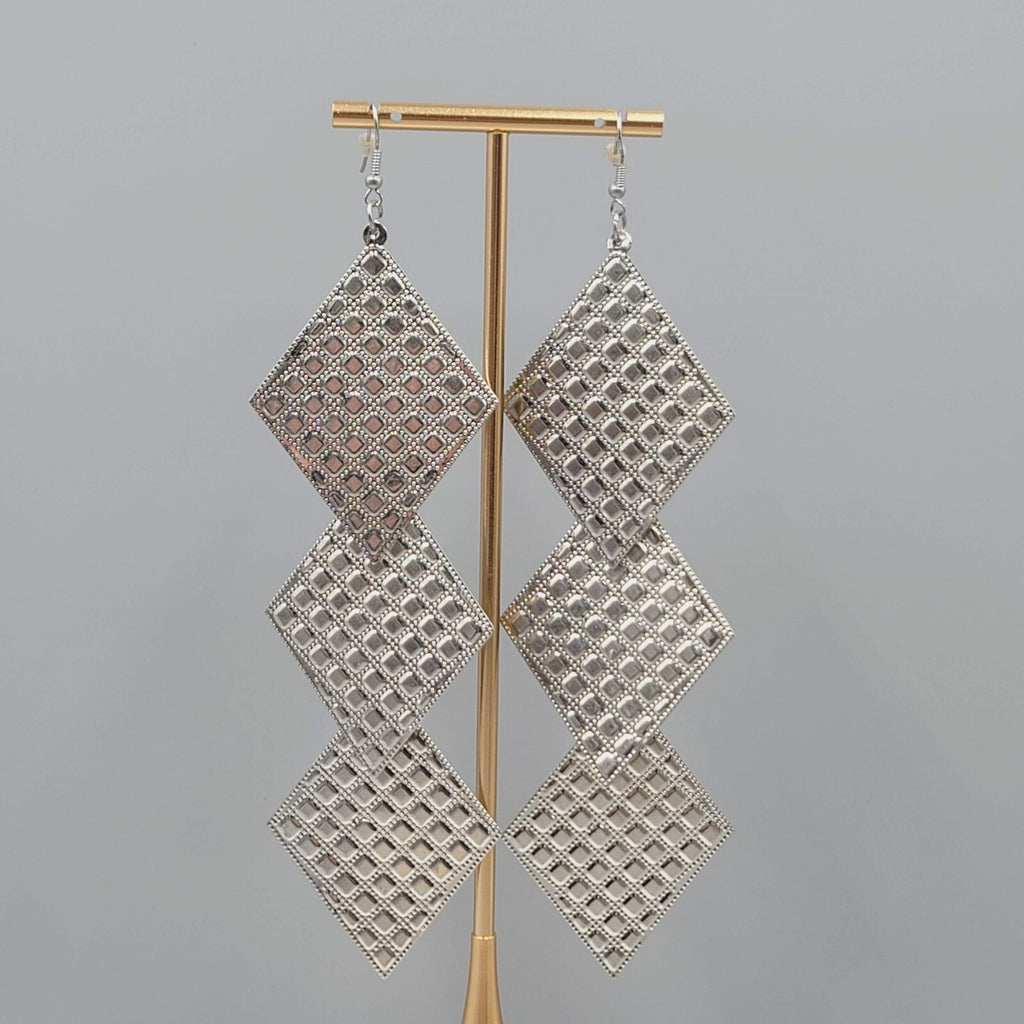 Extra Long Statement Pierced Earrings Silver tone Embossed 5.5"