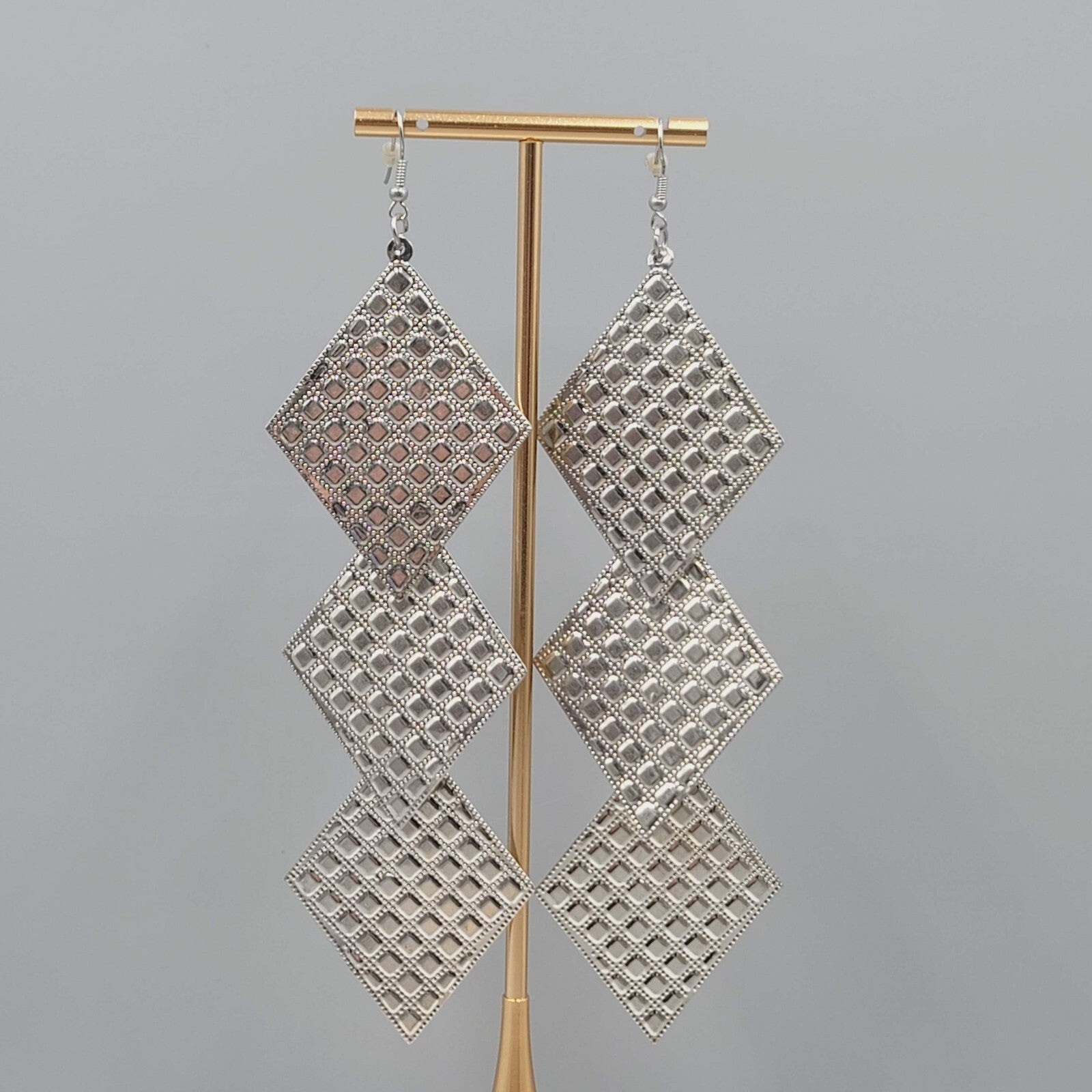 Extra Long Statement Pierced Earrings Silver tone Embossed 5.5"