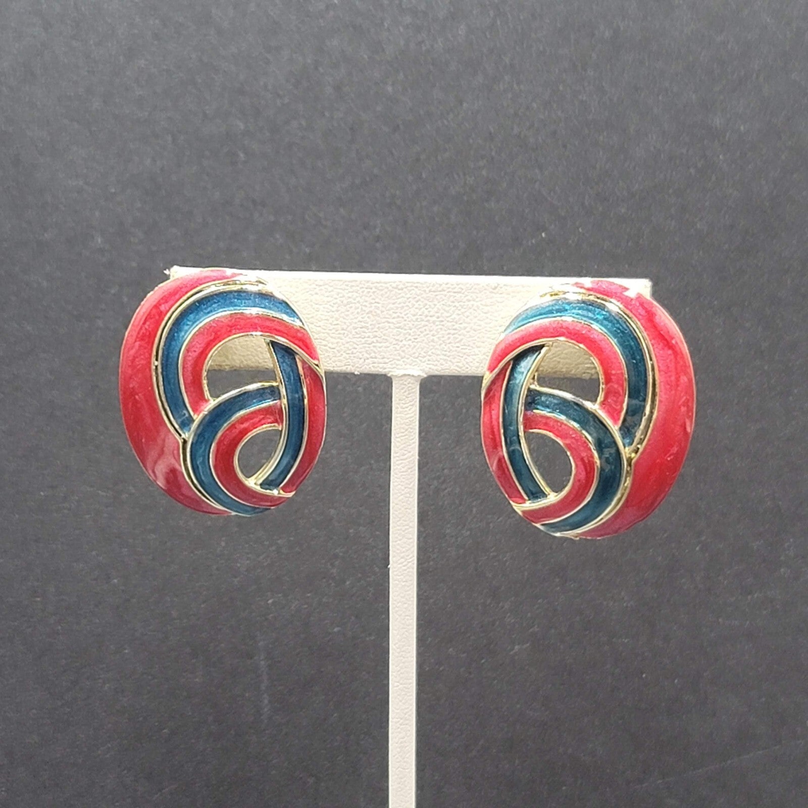 Vintage Pierced Earrings Blue Pink Enamel Drop Open Work 1.5"
