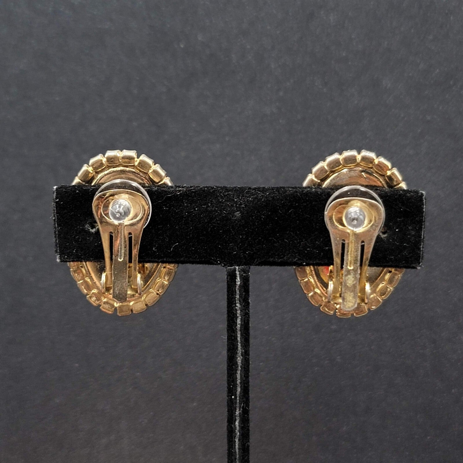 Vintage Clip on Earrings Statement AB Rhinestones Pearl White Cabochon 1 1/8"