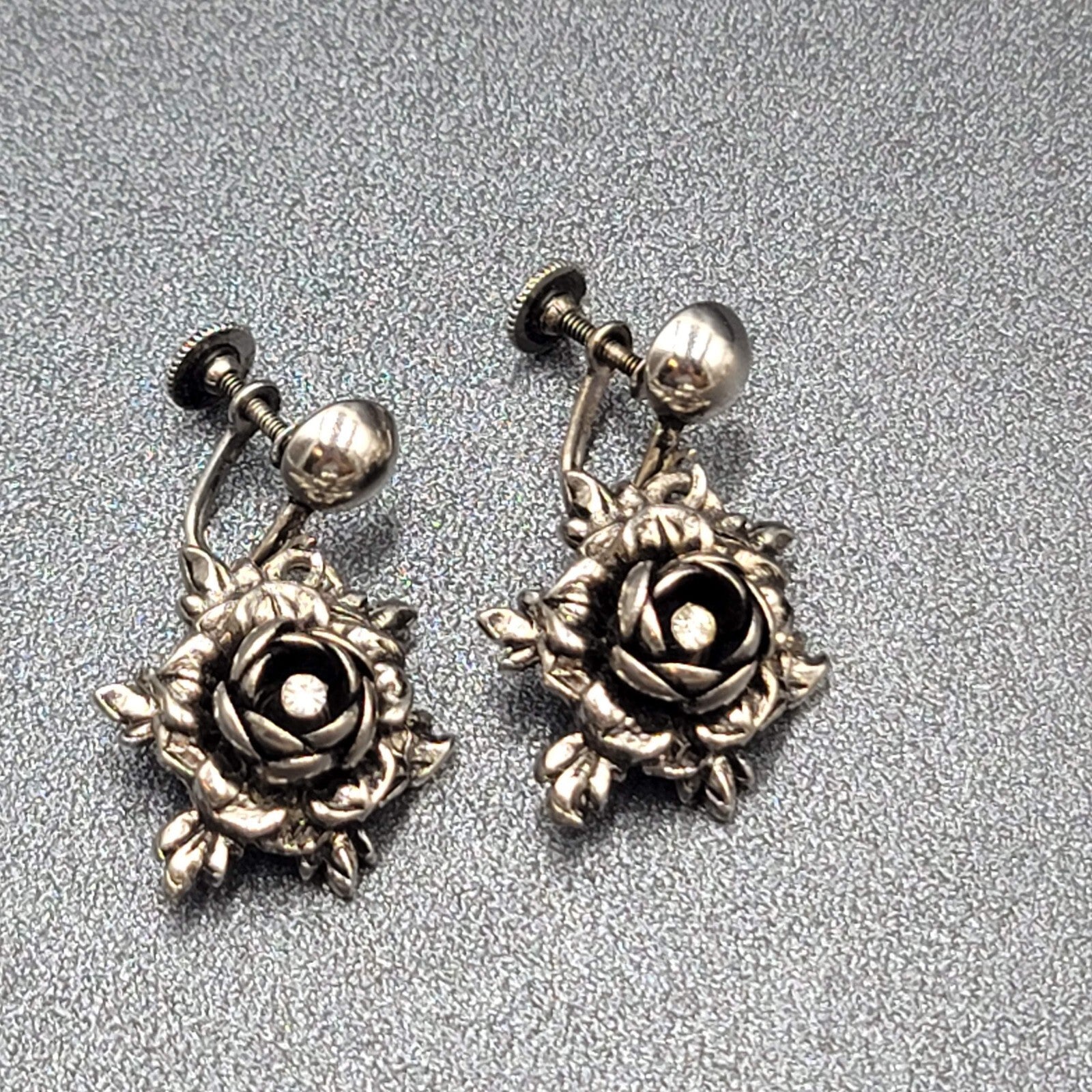 Vintage Clip on Earrings Silver tone 3D Flower Rhinestone Dangle 1"