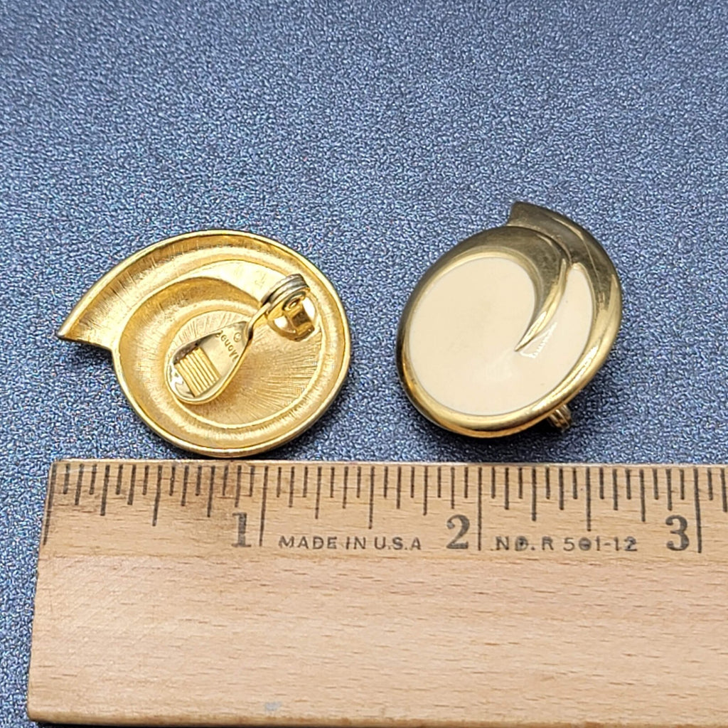 Vintage MONET Clip on Earrings Gold Plated White Enamel Drop 1 3/8"