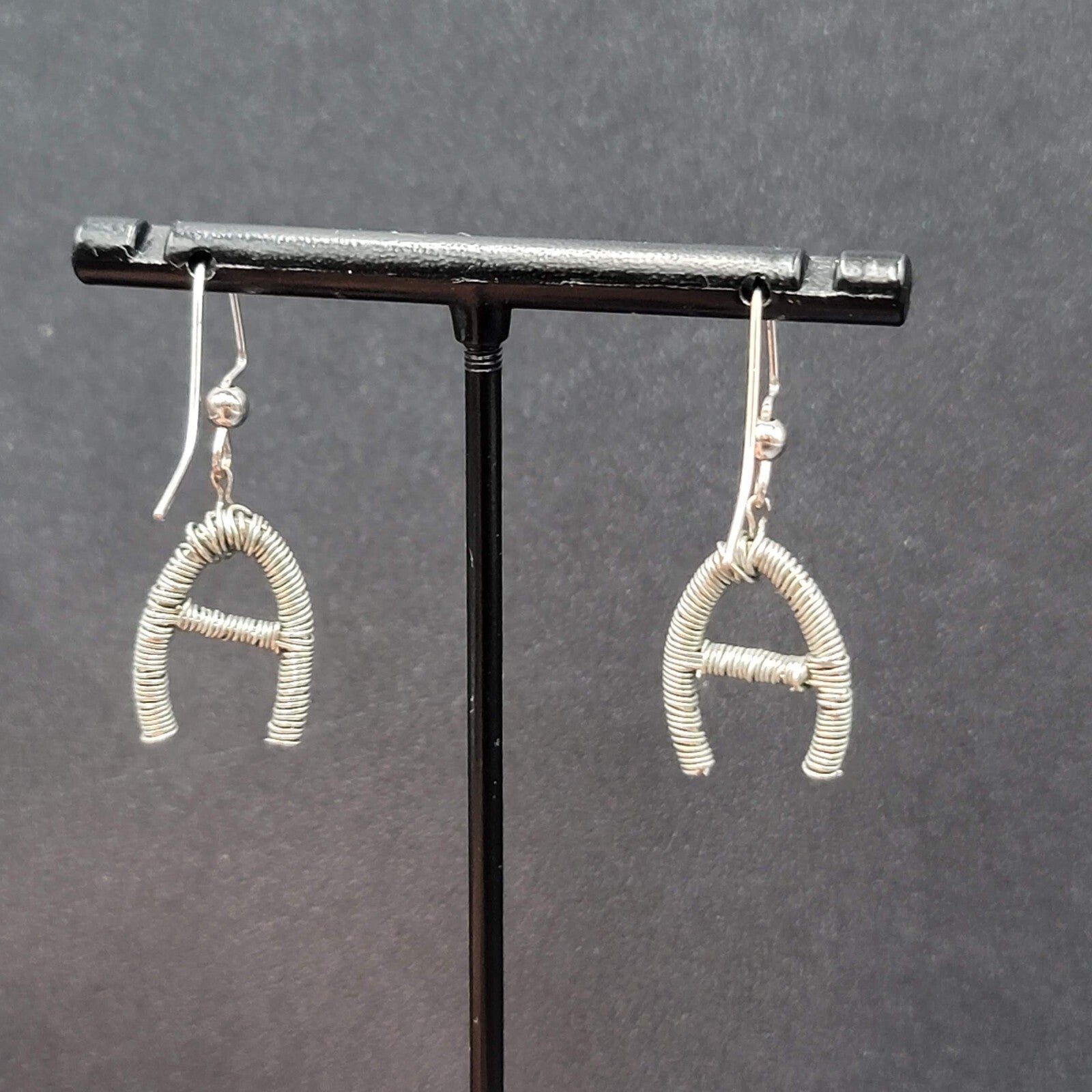 Pierced Earrings Silver tone Wire Wrapped Initial A Dangle 3/4"