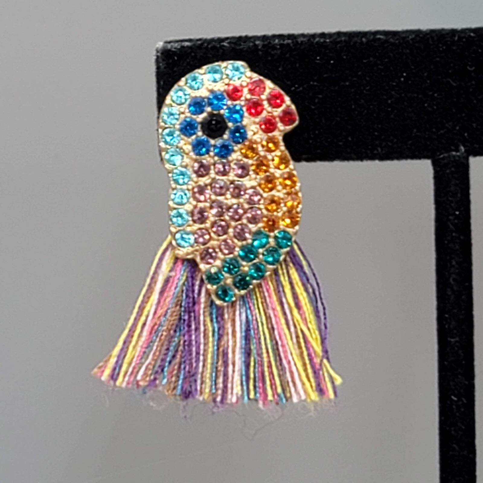 Crystal Bird Pierced Earrings Gold tone Multicolor Tassel 1.5"