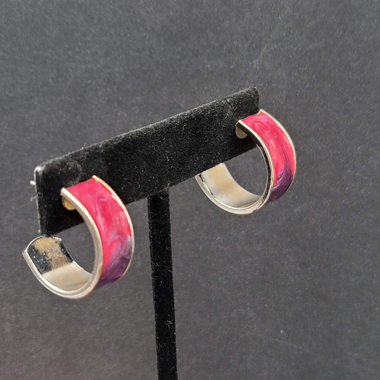 Vintage Pierced Earrings Silver tone Pink Purple Enamel Wide Hoops 3/4"